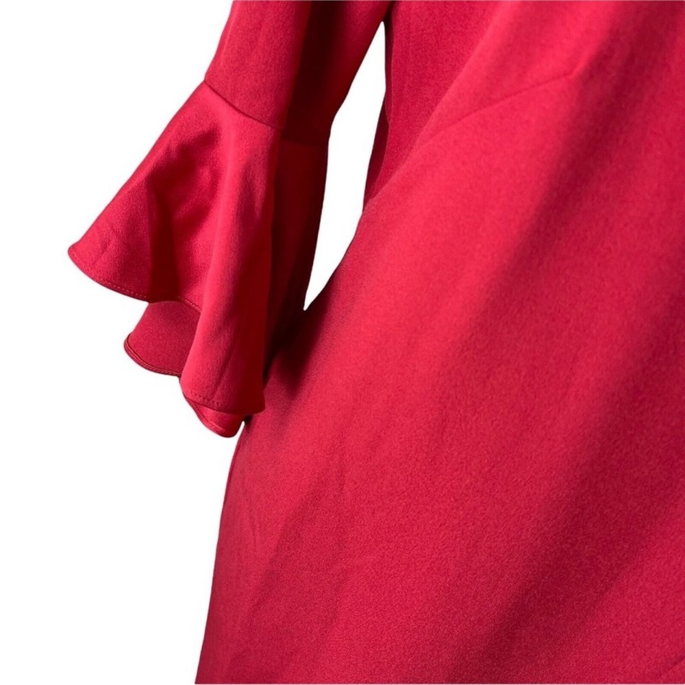 Red Ruffle-Sleeve Sheath Dress - Satin Ruffle - Picture 3 of 12